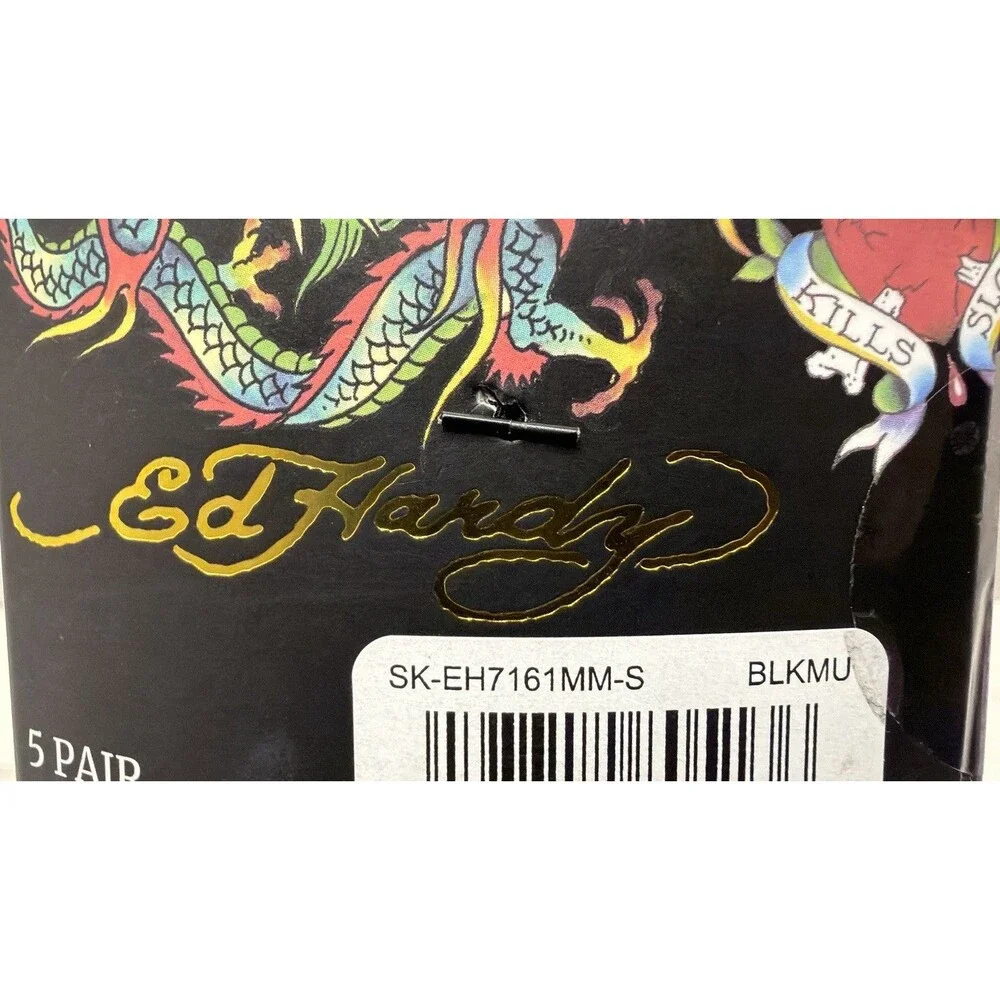 Ed Hardy Men’s 6-12 Black White 5 Pair Pack Eagle Snake Tiger Tattoo Crew Socks